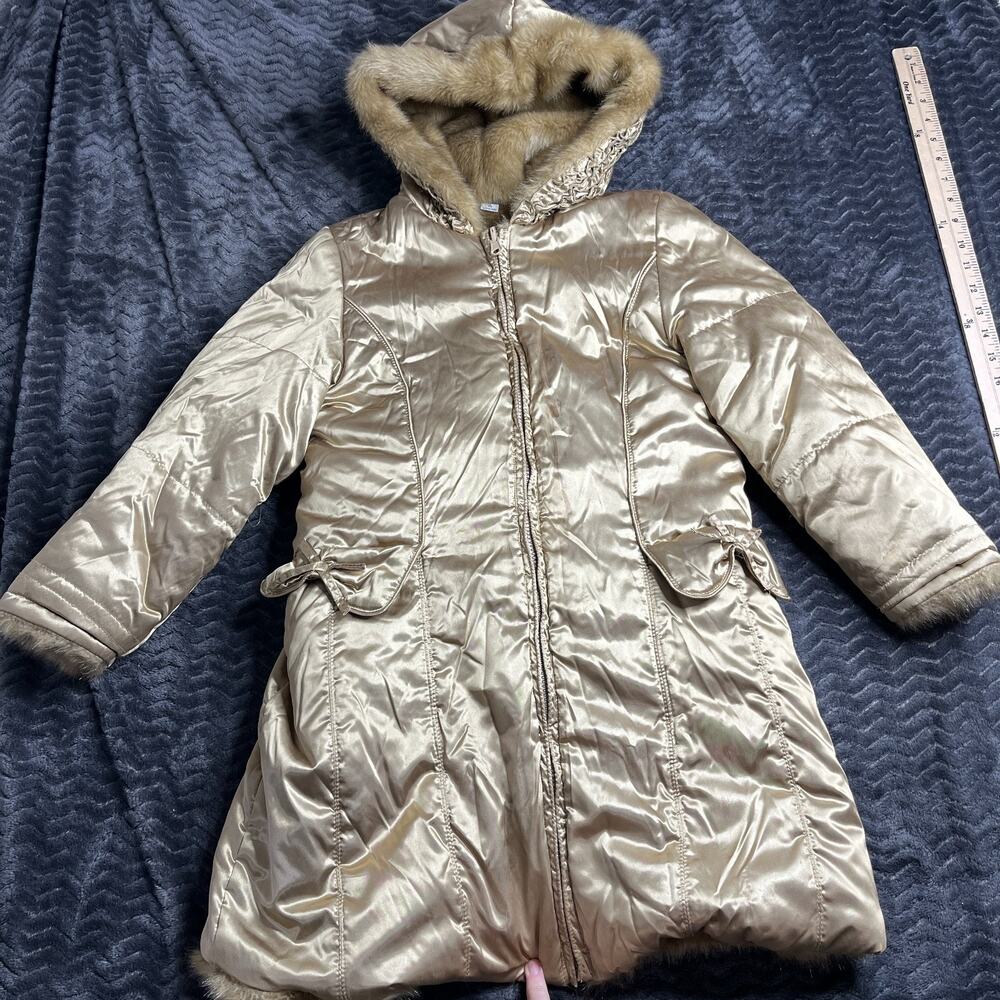 The Childrens Place Girls Gold satin tan Faux Fur reversible Jacket Size 7/8